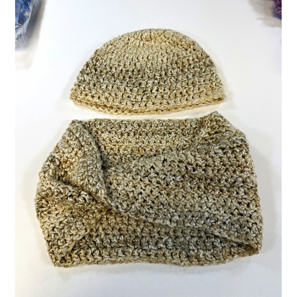 Handmade Crochet Hat Cowl Set Oatmeal Beige Beanie Infinity Scarf Neck Warmer